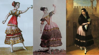 De izquierda a derecha, traje de 1801 del libro de Antonio Rodríguez, Fanny Elssler bailando la cachucha en 1836 y detalle de <i>Maja</i>, de Domínguez Bécquer.