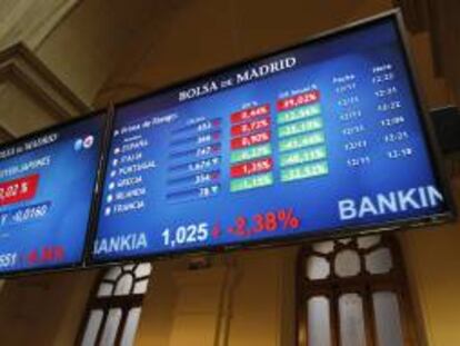 En la imagen, pantallas en la Bolsa de Madrid de la evolución de la prima de riesgo. EFE/Archivo