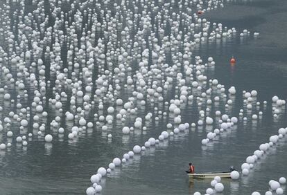 Organización de las "esferas" en Marina Bay en Singapur. Las personas escribieron sus deseos para el año nuevo en las esferas antes de colocarlos en el río.