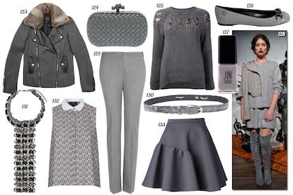 123. Bershka Perfecto con detalles de piel y cuello de pelo. 124. Bottega Veneta Clutch rígido de piel trenzada. 125. Brunello Cucinelli Jersey con flores de paillettes. 126. Philipp Plein Bailarina de piel con calavera y detalles de metal en el empeine. 127. JINsoon Laca de uñas “Auspicious”. 128. Alice +Olivia. 129. Mango Pantalón pitillo de lana. 130. Ivo Scunzani Cinturón de cocodrilo. 131. Chanel Collar de cadenas, charol y tweed. 132. Topshop Camisa sin mangas con print de conejos. 133. MSGM Mini de vuelo.