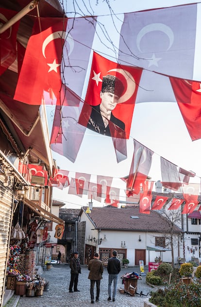 Flags with the face of Mustafa Kemal Atatürk, founder of the Republic of Turkey, in one of the streets of the old town of Ankara.