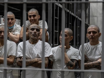 Six inmates inside a cell at the Terrorism Confinement Center, in the municipality of Tecoluca, El Salvador, on Tuesday night.