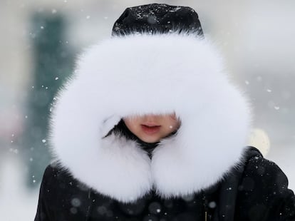 Una mujer camina por las calles de Kiev (Ucrania) durante la ola de frío siberiano que azota Europa.  