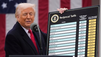 Donald Trump con la tabla de los nuevos aranceles, en Washington.
