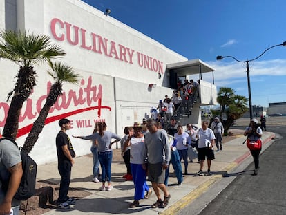 Members of the Culinary Union of Las Vegas, Nevada, before heading out to campaign for Kamala Harris on October 10, 2024.