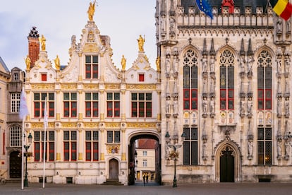 Detail of the façade of the Bruges Town Hall, on Burg Square.