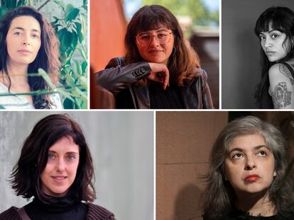 Las escritoras Fernanda Trías, Joana Marcús, Clyo Mendoza, Irene Vallejo y Mariana Enríquez