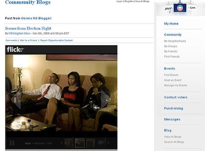 Imagen tomada de la web www.barackobama.com con una de las imágenes de cómo vivió la noche electoral el candidato demócrata.