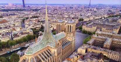 El arquitecto belga presenta la reconstrucción de la catedral como 'statement' de su arquitectura, y considera que el proyecto puede ser utilizado como estandarte de las posibilidades ecológicas de la ingeniería a través de la tecnología o con estrategias de sostenibilidad. Propone así una cubierta que generará energía y contendrá una granja hidropónica (que utiliza disoluciones minerales en lugar de suelo agrícola para poder cultivar en contenedores), convirtiendo la catedral en un edifico 'eco-friendly' que generaría más energía que la que consumiría.