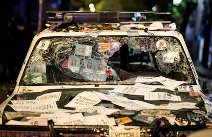 A vandalized police car on September 20, 2017.