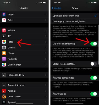 Activar 'fotos en streaming' en iPhone.
