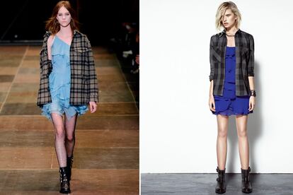 Encuentra las siete diferencias: botas con vestido de volantes en tonos azules y cuadros grises por encima. El de la derecha forma parte del lookbook de julio de Mango, para ir abriendo este verano al grunge.