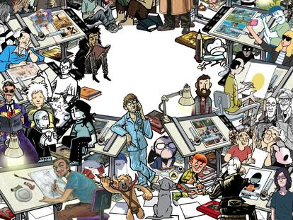 Ilustración de Kiko da Silva, para la portada de Babelia, que contiene referencias a 72 autores de cómic.
