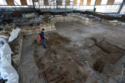 The southern portion of the mosaic. The center once held a fountain, and the water-supply system has survived all these centuries.