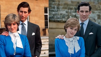 A la izquierda, el príncipe Carlos y Diana Spencer. A la derecha, los actores que los interpretan en la serie 'The Crown'.