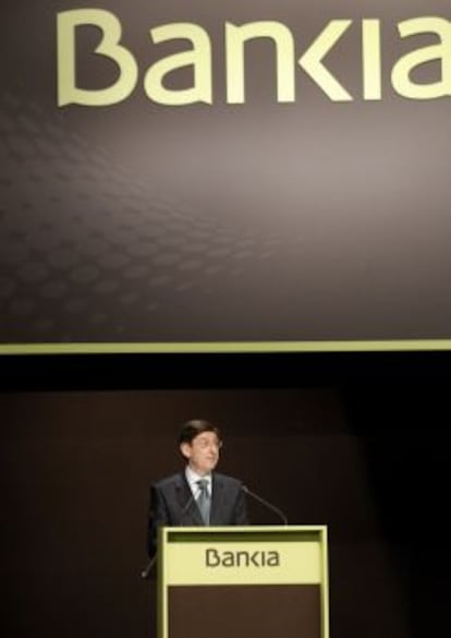 El presidente de Bankia, Jose Ignacio Goirigolzarri, durante su intervenci&oacute;n en la Junta General de accionistas que se est&aacute; celebrando en el Palacio de Congresos de Valencia.