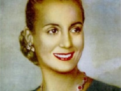 Eva Perón, con el el collar de rubíes birmanos regalo de Franco.