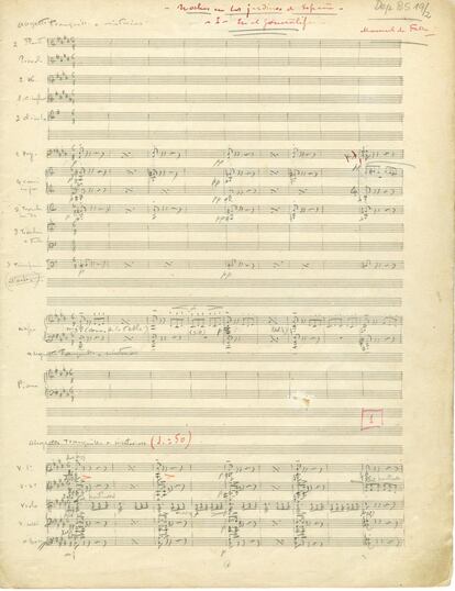 Primera página del manuscrito de la partitura original de Noches en los Jardines de España, de Manuel de Falla, de 1915, escrito a lápiz, dado por desaparecido y hallado este año en la Stadtbibliothek d Winterthur, Suiza.