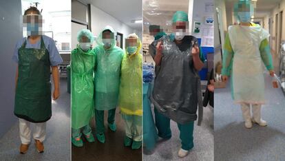 Personal sanitario del hospital Severo Ochoa de Leganés (Madrid) muestran los trajes de protección contra el coronavirus que se han confeccionado ellos mismos. 