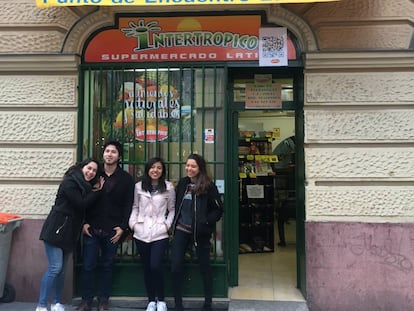 Laura and friends from Mexico outside ‘Intertropico,’ a shop that imports food and products from all of Latin America.