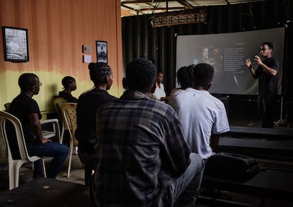 A student from the Nafasi Film Club presents the story of an original short film during one of the course activities, on April 4.