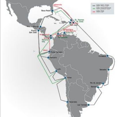 Mapa de los cables de comunicaciones submarinos de Latinoamérica.