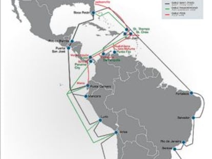 Mapa de los cables de comunicaciones submarinos de Latinoamérica.