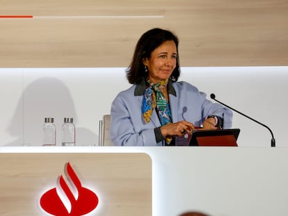 ana Botín, presidenta de Banco Santander, el miércoles durante la presentación de los resultados anuales de la entidad, en Boadilla del Monte (Madrid).