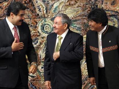 Maduro, Castro y Morales en la Cumbre del Alba el 14 de diciembre.