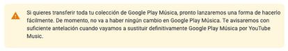 Mensaje de alerta sobre Google Music.