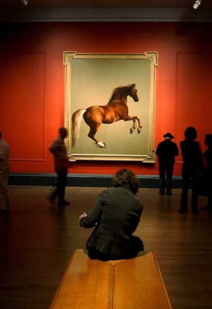 Un grupo de personas observa el cuadro <i>Whistlejacket,</i> de George Stubbs.