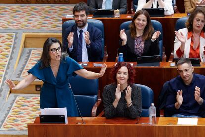 La diputada de Más Madrid, Manuela Bergerot, interviene en el pleno de la Asamblea de Madrid este martes. 