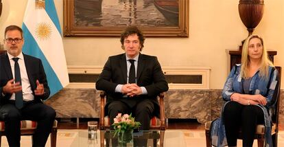 Argentina's President Javier Milei was flanked on Saturday by Argentina's ambassador, Roberto Bosch, and his sister, Karina Milei. 