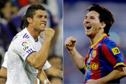 Cristiano Ronaldo y Messi celebran uno de sus dos goles ante el Hércules y el Sevilla, respectivamente, en los partidos del sábado pasado.