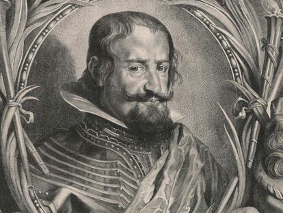 Detalle del grabado del retrato de Gaspar de Guzmán, conde duque de Olivares, por Paulus Pontius (1626).