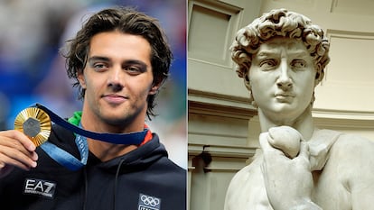 On the left, Italy's Thomas Ceccon with his gold medal after winning the men's 100m backstroke final. On the right, Michelangelo's sculpture of David. Two bodies perfectly sculpted by desire and dreams.