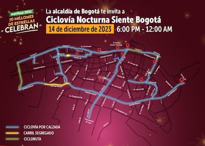 El mapa de la ciclovía nocturna de Bogotá (Colombia), que tendrá lugar el 14 de diciembre de 2023.