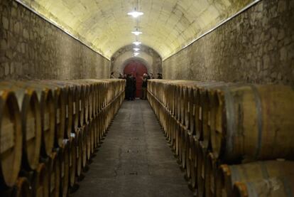 Pasillo con barricas de caldos de viñas viejas y pata negra.