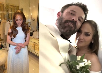 Jennifer Lopez (izquierda) con uno de los diseños elegidos para su boda y una foto junto a Affleck, recién casados.