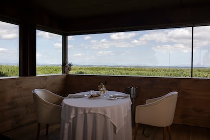 Una mesa del restaurante Fontané con sus vistas a la naturaleza.