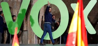 El líder de Vox, Santiago Abascal, en un mitin el viernes en Madrid.