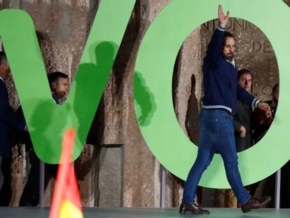 El líder de Vox, Santiago Abascal, en un mitin el viernes en Madrid.