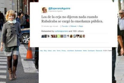 La cuenta oficial de Twitter de la presidenta de la Comunidad de Madrid ha incluido hoy una mención contra "los de la ceja", en referencia a los intelectuales y artistas que apoyaron a Zapatero durante las elecciones.