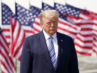 El presidente Donald Trump durante un evento el día de hoy en Norfolk, Virginia.