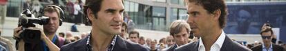 Federer y Nadal, durante la fundación de la academia del español en Manacor, el pasado 19 de octubre.