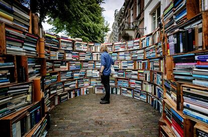 Un visitante observa varios ejemplares en el Mercado de Libros de Deventer (Holanda), el 4 de agosto de 2019. Este evento anual con más de 850 puestos de venta, se considera el mayor de Europa.