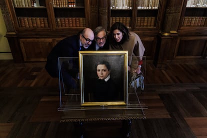 Detalle del cuadro de Manuel Ojeda y Siles durante el acto de devolución de bienes incautados por el franquismo, este jueves en la Biblioteca Nacional de España.