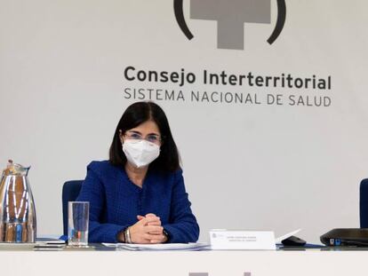 La ministra de Sanidad, Carolina Darias, y el ministro de Política Territorial, Miquel Iceta, en el Consejo Interterritorial de Salud de este jueves en Madrid.