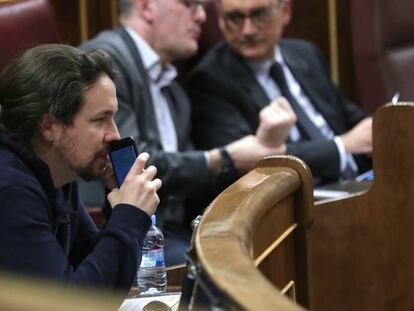 El secretario general de Podemos, Pablo Iglesias, durante la sesión del Congreso de los Diputados de esta tarde.
