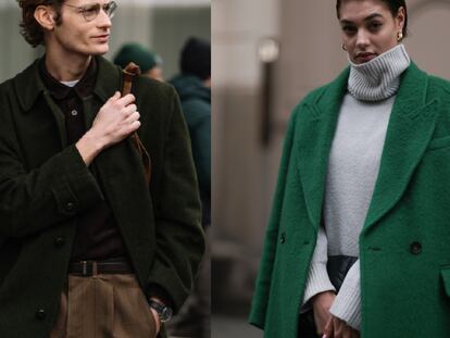 Detalle de dos abrigos de paño: a la izquierda un modelo de hombre y, a la derecha, la modelo Sarah Posch con un modelo de Gant en tonos verdes.  GETTY IMAGES.